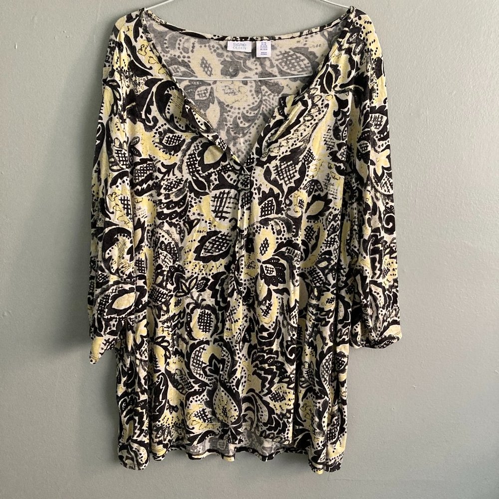Sigrid Olsen Women’s Floral Pattern Tunic Blouse Size 3X Rayon Yellow Black